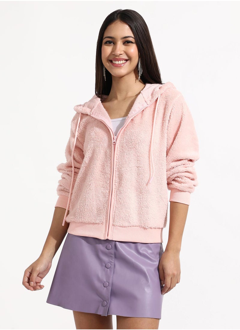 Women's Baby Pink Furry Hoodie With Ribbed Hem