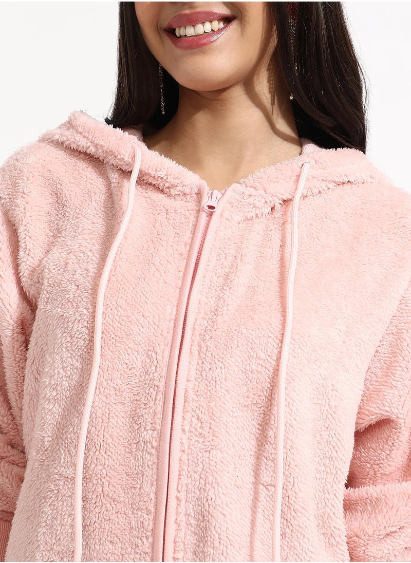 Women's Baby Pink Furry Hoodie With Ribbed Hem