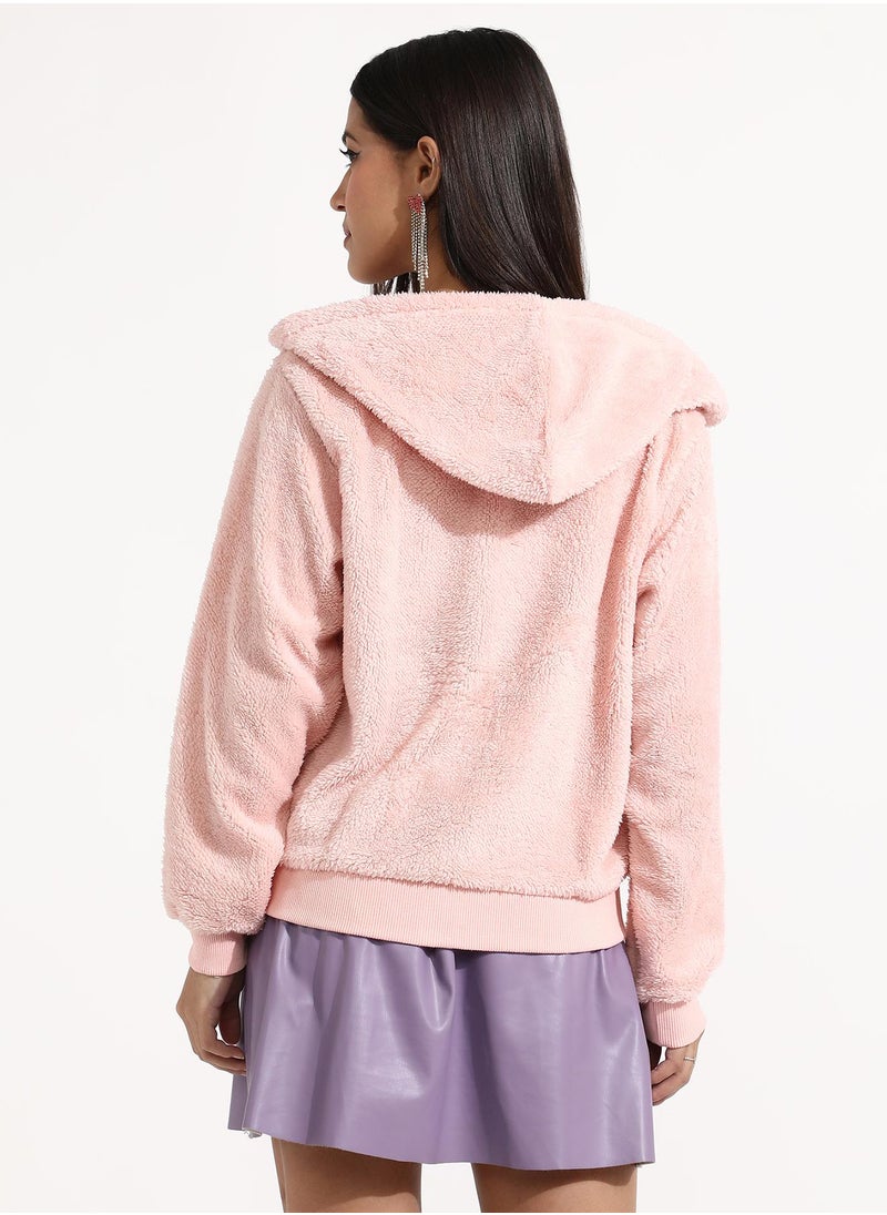 Women's Baby Pink Furry Hoodie With Ribbed Hem