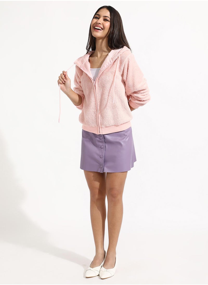 Women's Baby Pink Furry Hoodie With Ribbed Hem