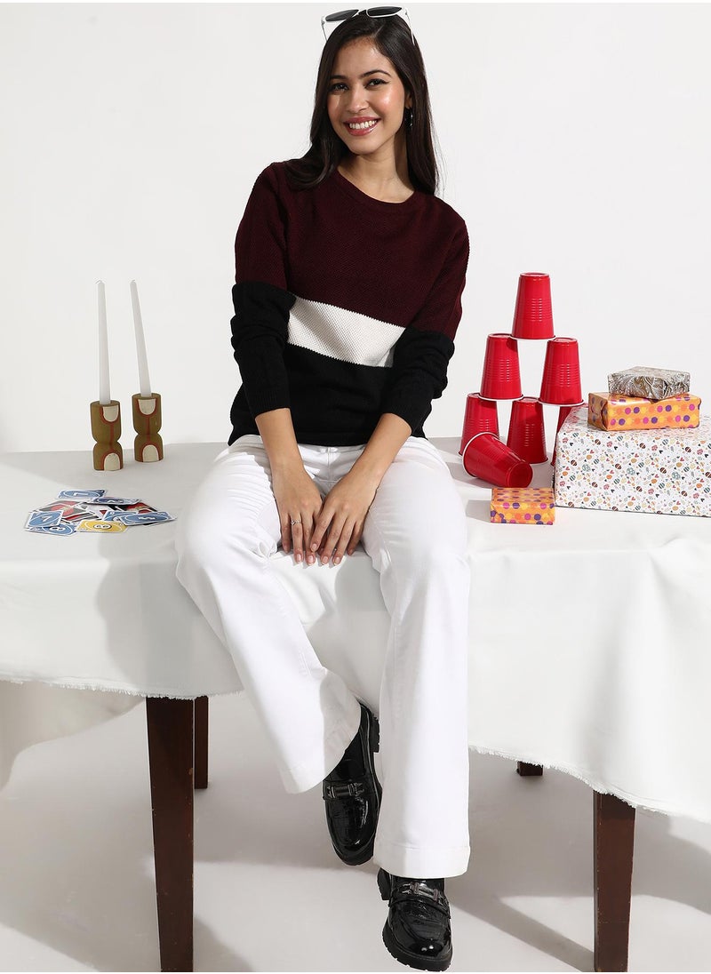Women's Multicolour Pullover Sweater With Contrast Panels