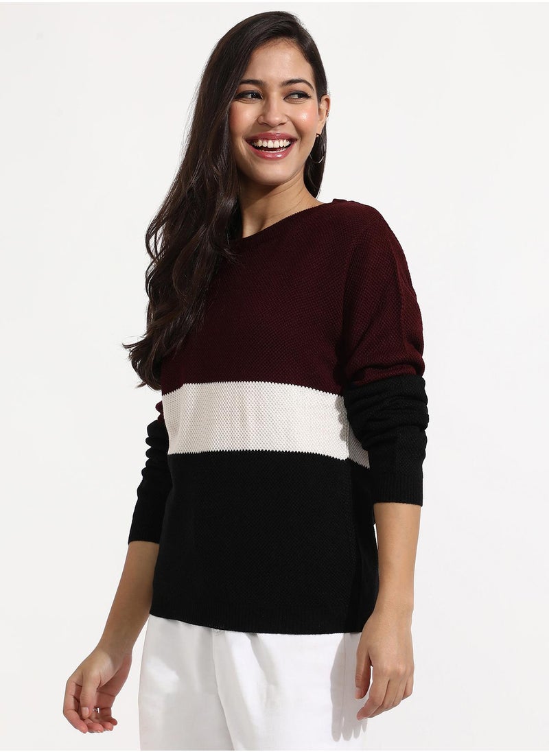 Women's Multicolour Pullover Sweater With Contrast Panels