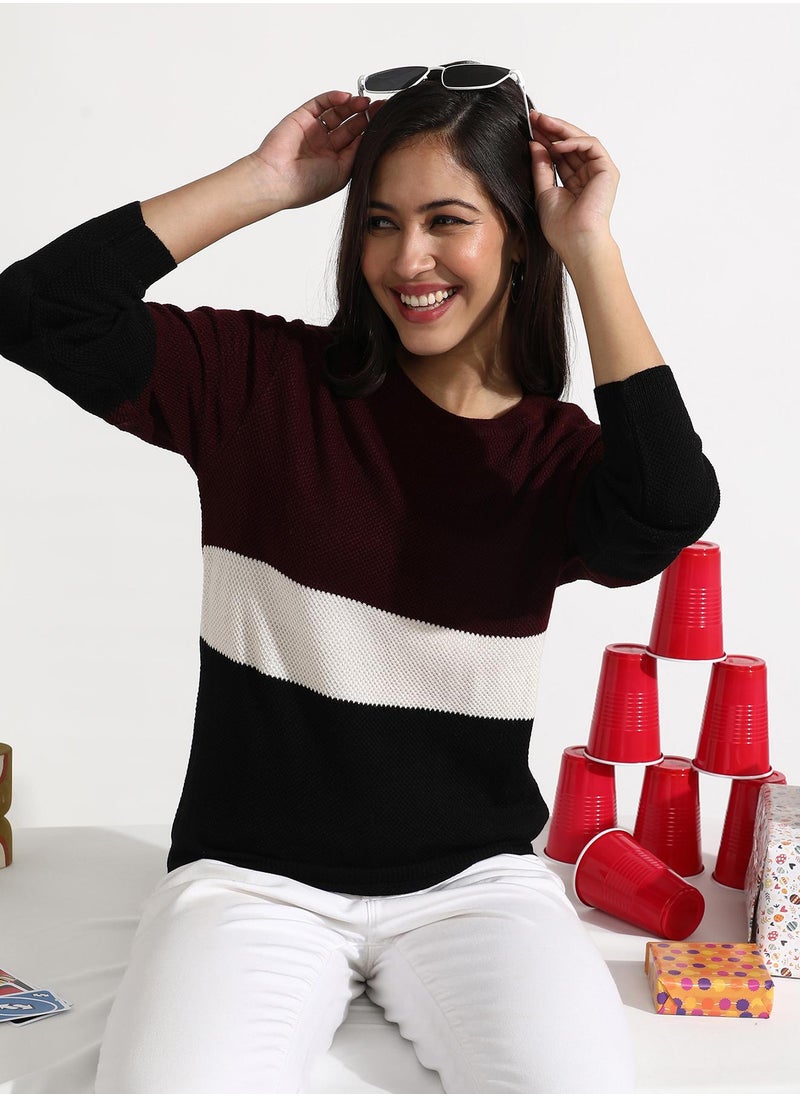 Women's Multicolour Pullover Sweater With Contrast Panels
