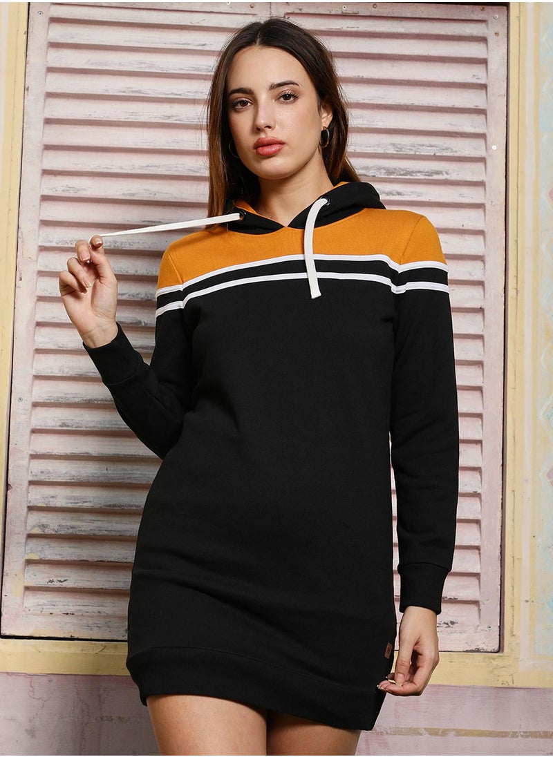 Women's Mustard Yellow & Onyx Black Block Hoodie Dress