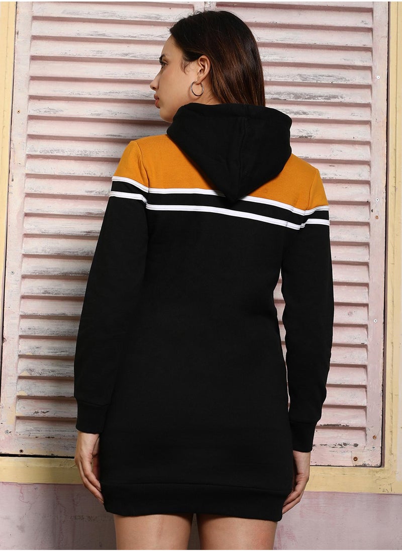Women's Mustard Yellow & Onyx Black Block Hoodie Dress