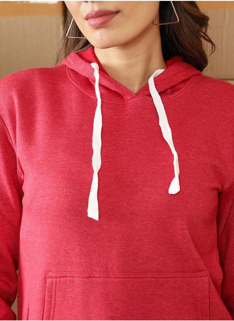 Women's Rose Red Solid Pullover Hoodie