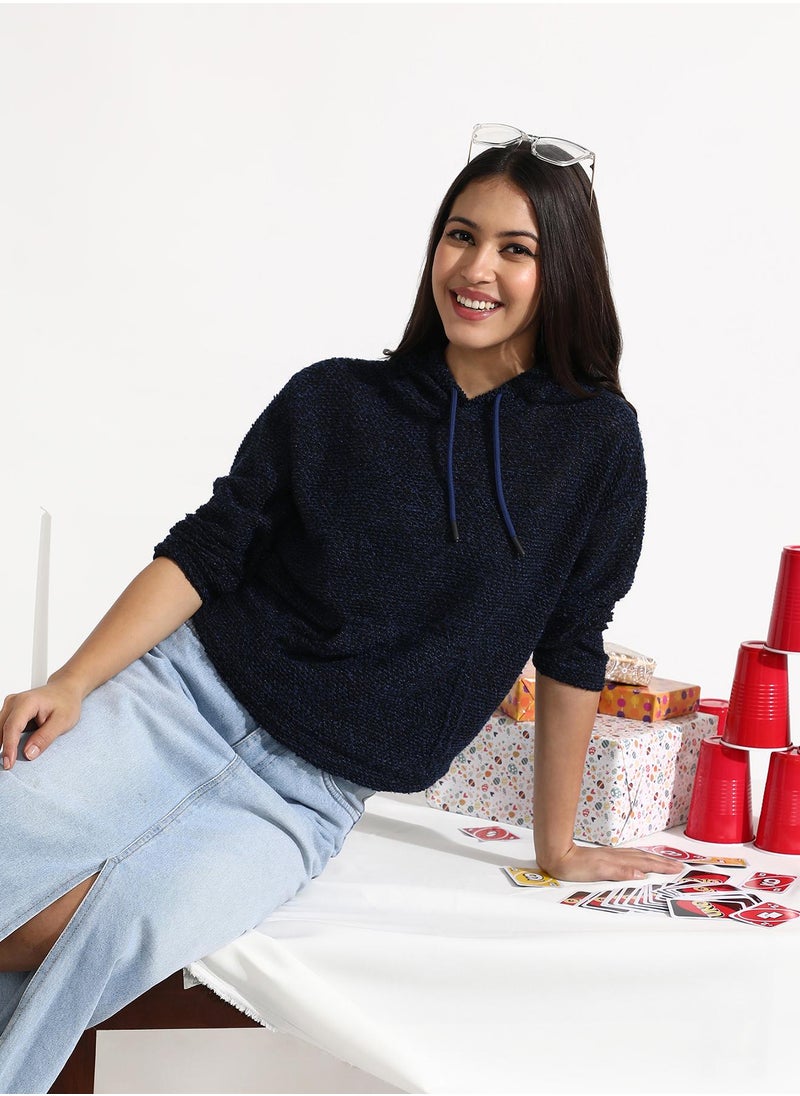 Women's Navy Blue Texture Knitted Hoodie With Kangaroo Pockets