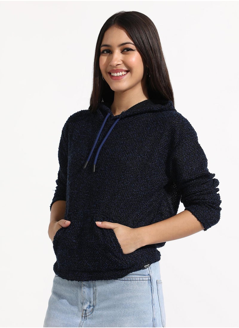 Women's Navy Blue Texture Knitted Hoodie With Kangaroo Pockets