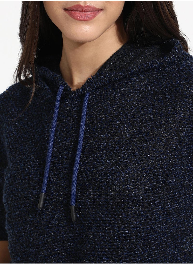 Women's Navy Blue Texture Knitted Hoodie With Kangaroo Pockets