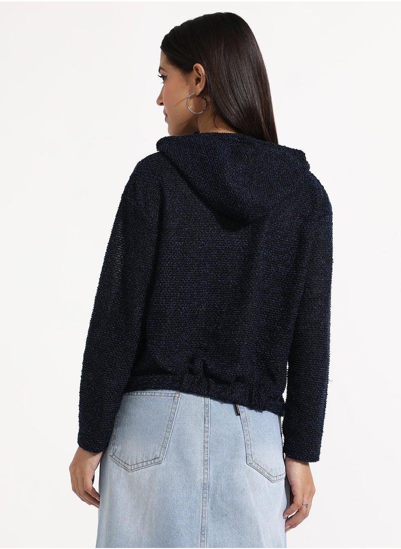 Women's Navy Blue Texture Knitted Hoodie With Kangaroo Pockets