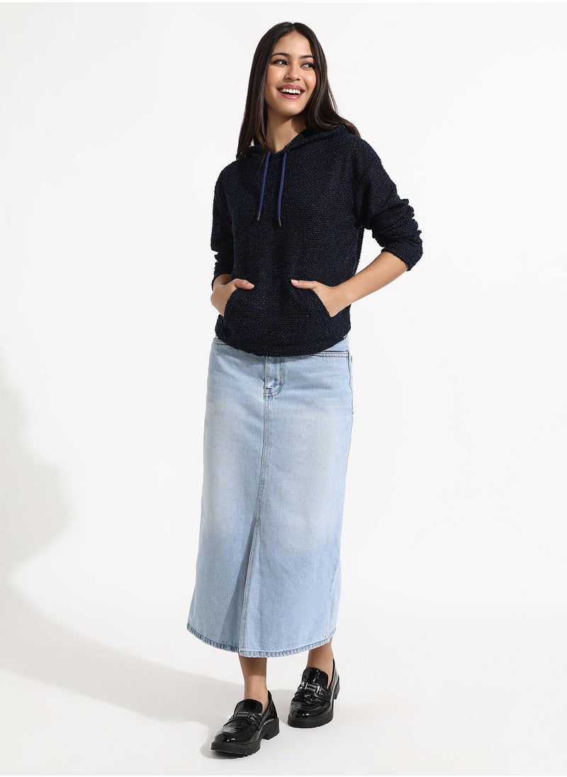 Women's Navy Blue Texture Knitted Hoodie With Kangaroo Pockets