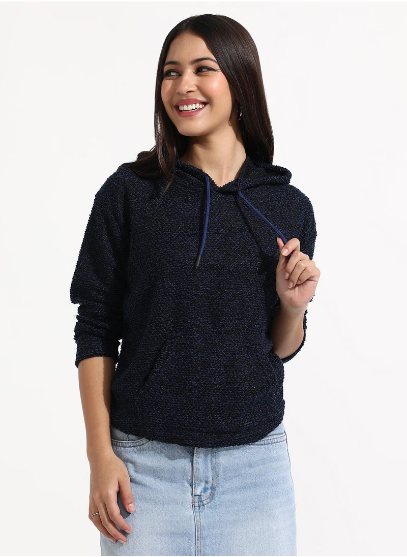 Women's Navy Blue Texture Knitted Hoodie With Kangaroo Pockets