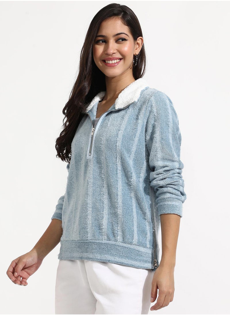 Women's Iceberg Blue Textured Self-Design Striped Sweatshirt