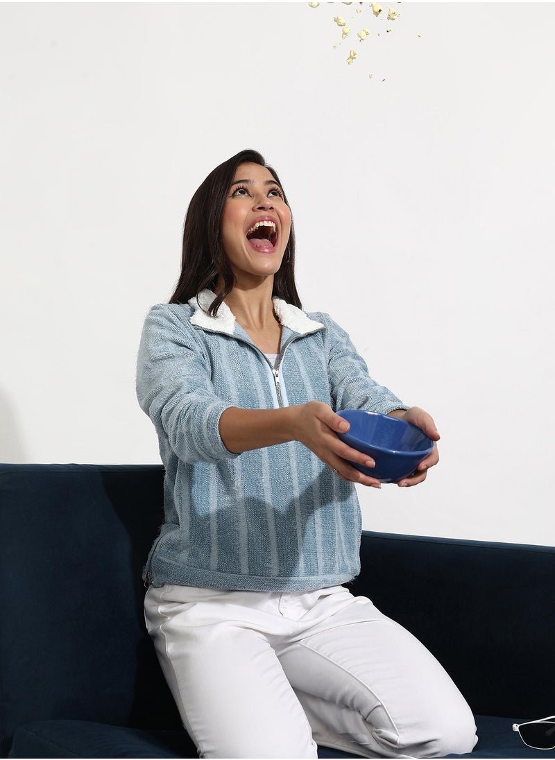 Women's Iceberg Blue Textured Self-Design Striped Sweatshirt