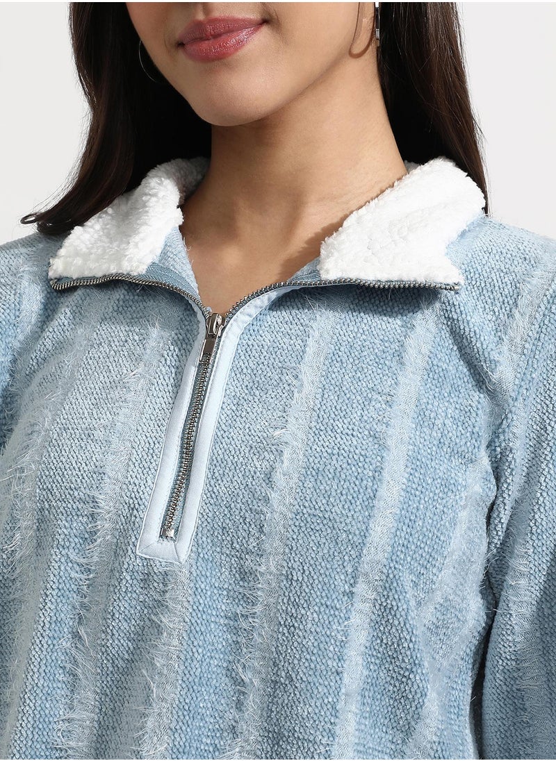 Women's Iceberg Blue Textured Self-Design Striped Sweatshirt