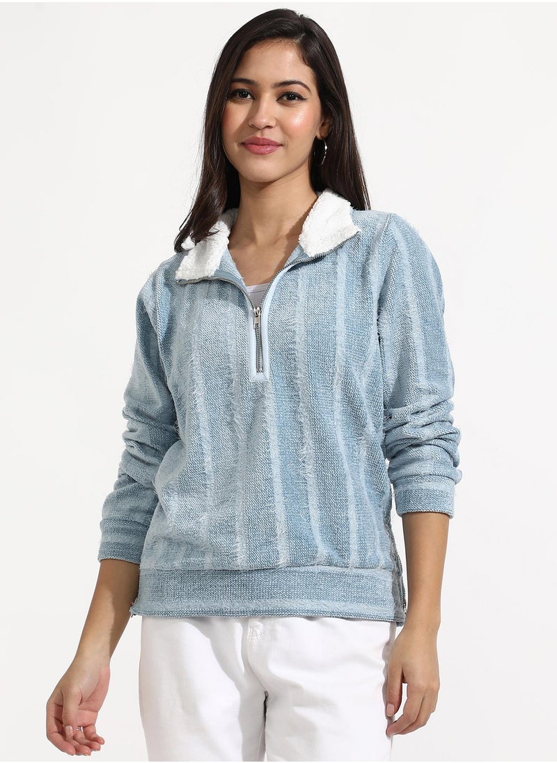 Women's Iceberg Blue Textured Self-Design Striped Sweatshirt