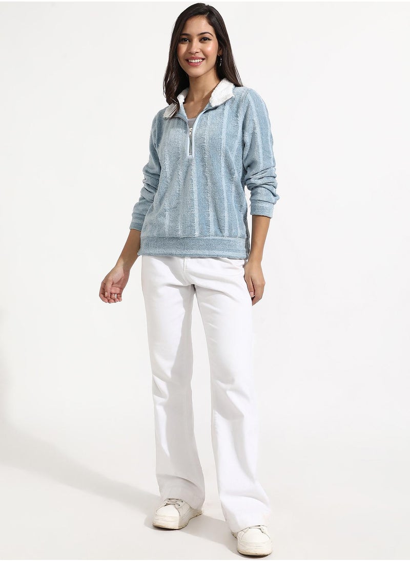 Women's Iceberg Blue Textured Self-Design Striped Sweatshirt