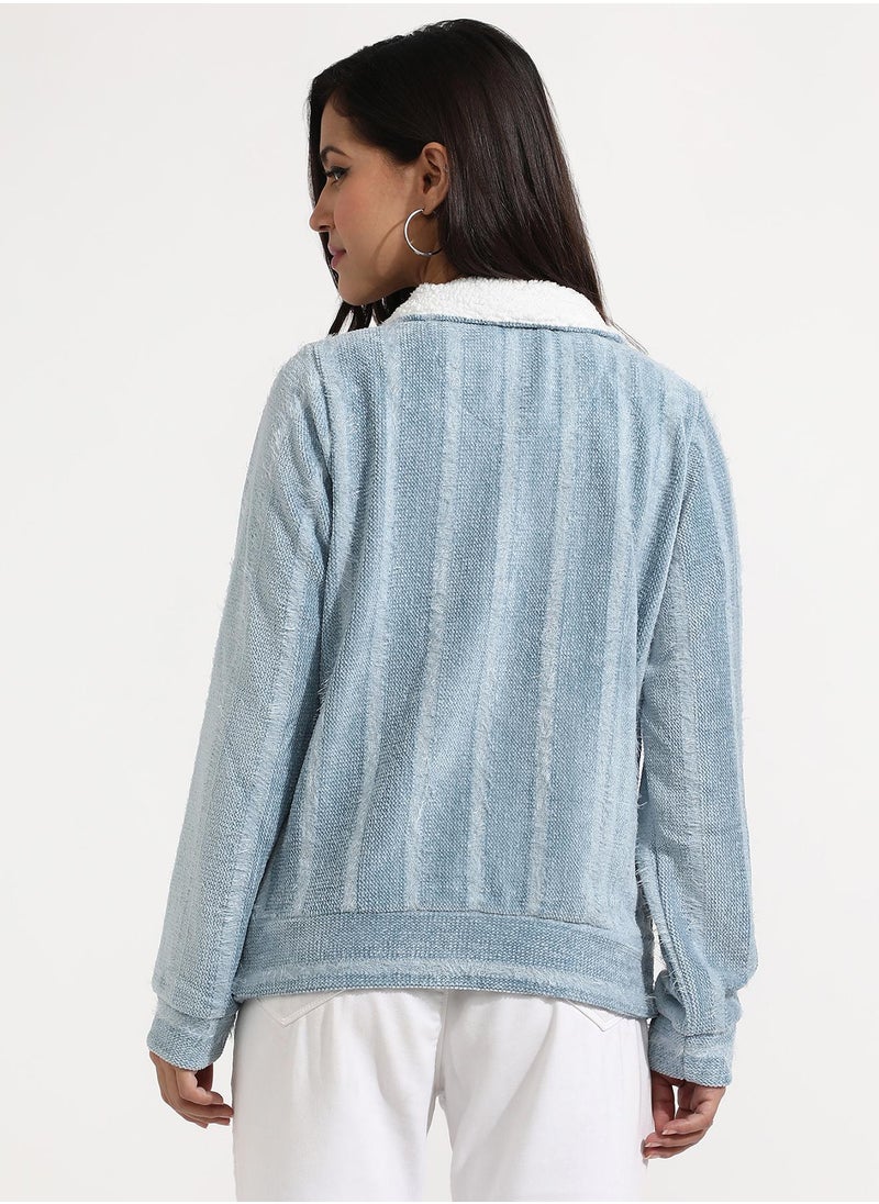 Women's Iceberg Blue Textured Self-Design Striped Sweatshirt