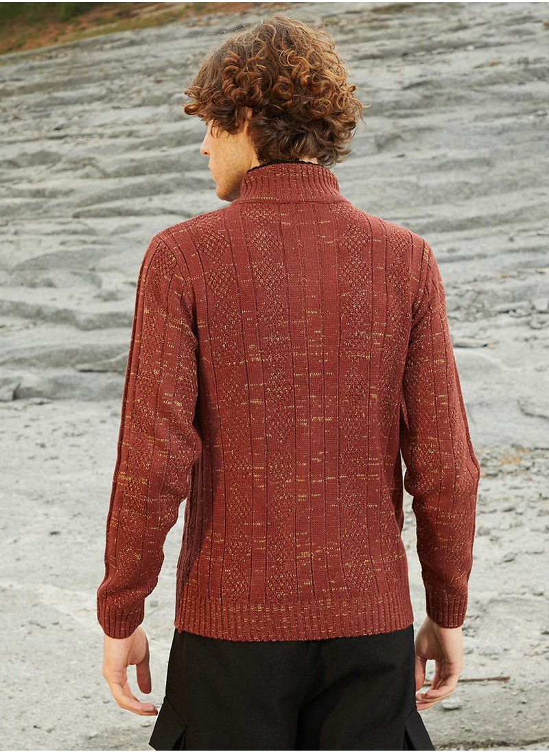 Men's Terracotta Brown Heathered Cable-Knit Sweater