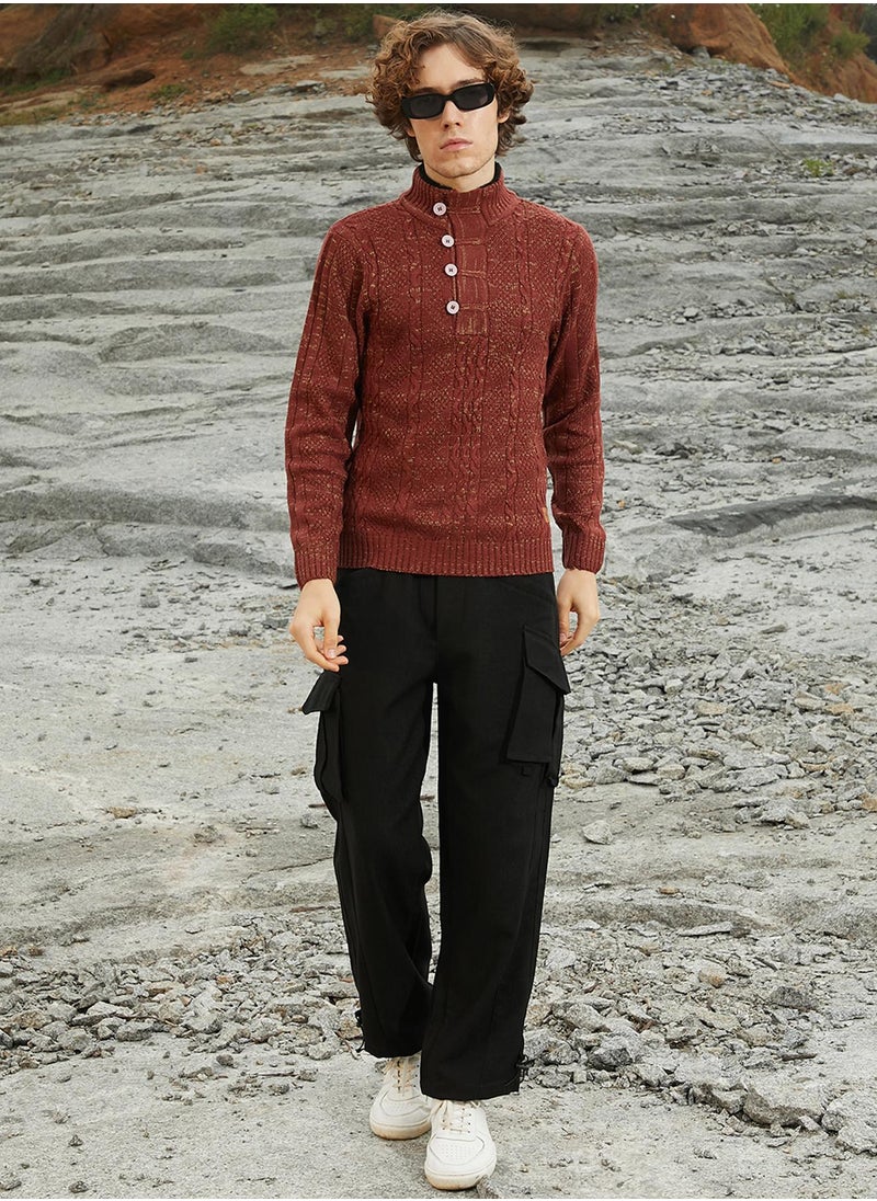 Men's Terracotta Brown Heathered Cable-Knit Sweater