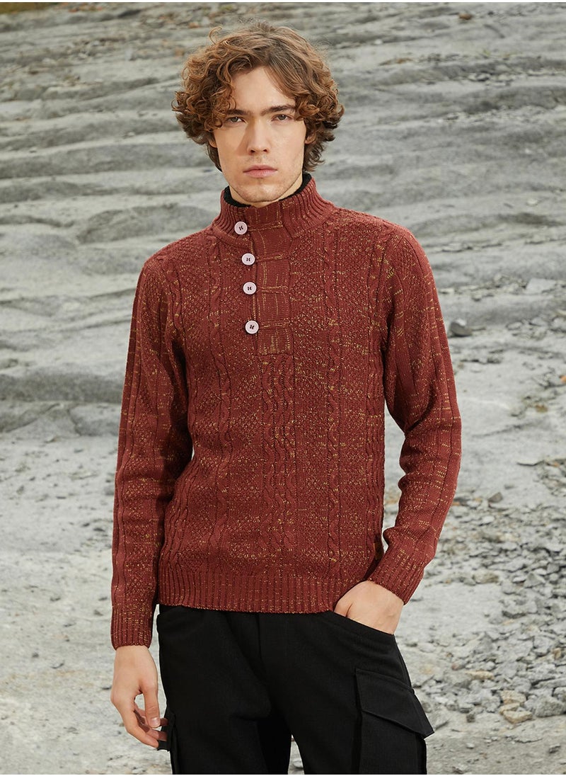 Men's Terracotta Brown Heathered Cable-Knit Sweater