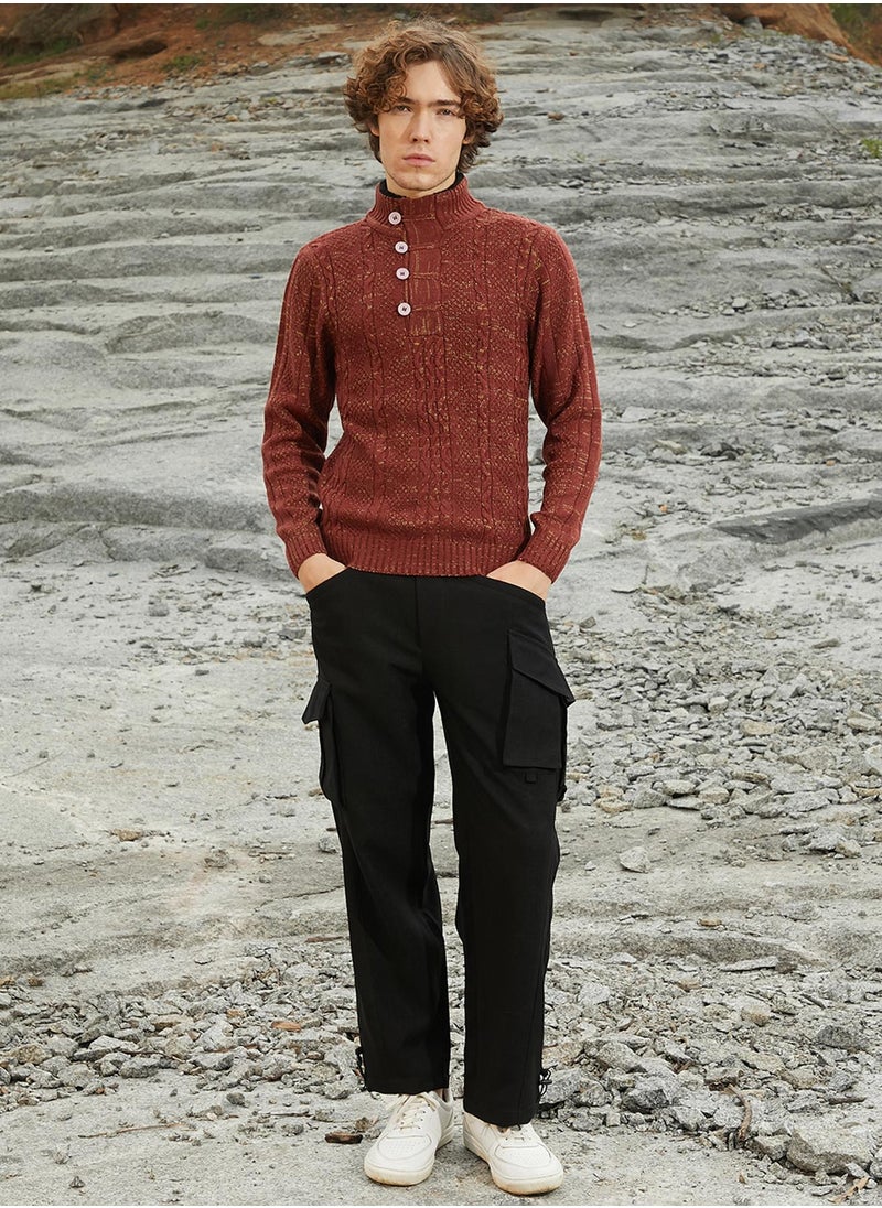 Men's Terracotta Brown Heathered Cable-Knit Sweater