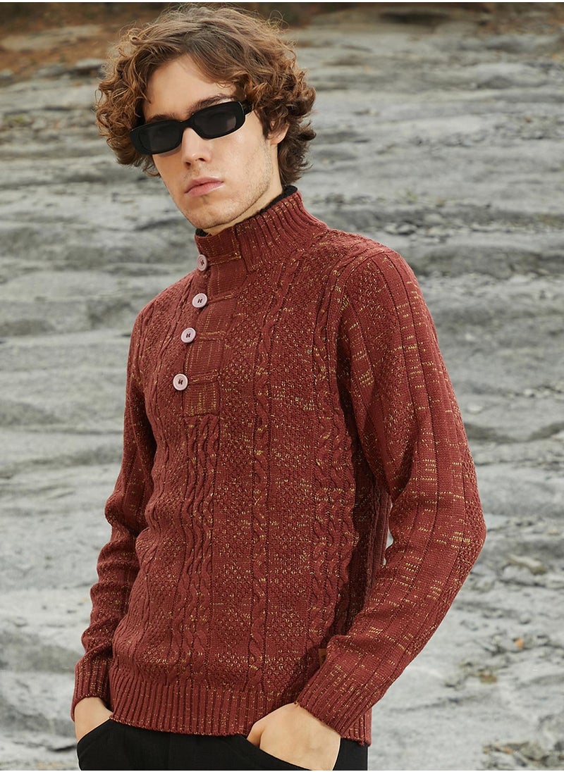 Men's Terracotta Brown Heathered Cable-Knit Sweater