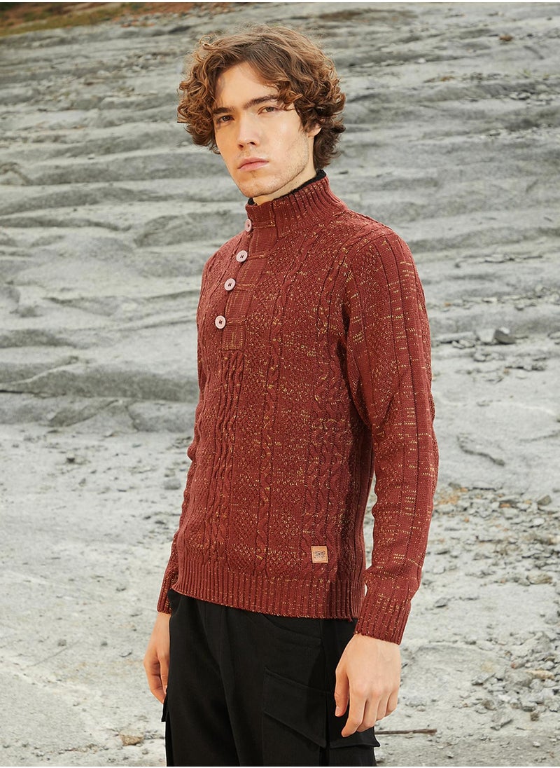 Men's Terracotta Brown Heathered Cable-Knit Sweater
