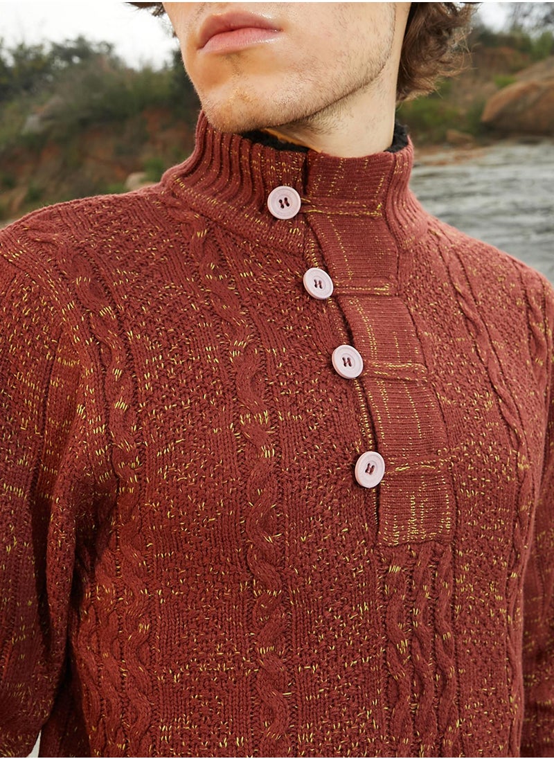 Men's Terracotta Brown Heathered Cable-Knit Sweater