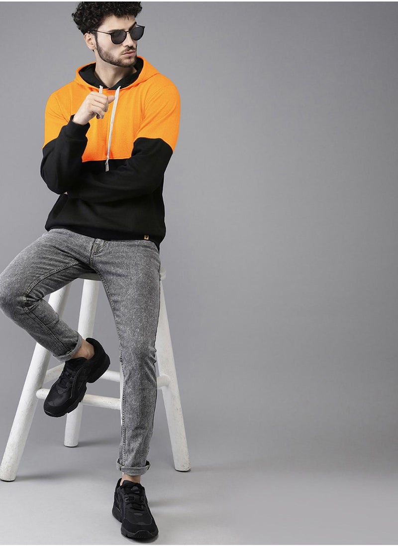 Men's Black & Mustard Yellow Pullover Hoodie With Ribbed Hem