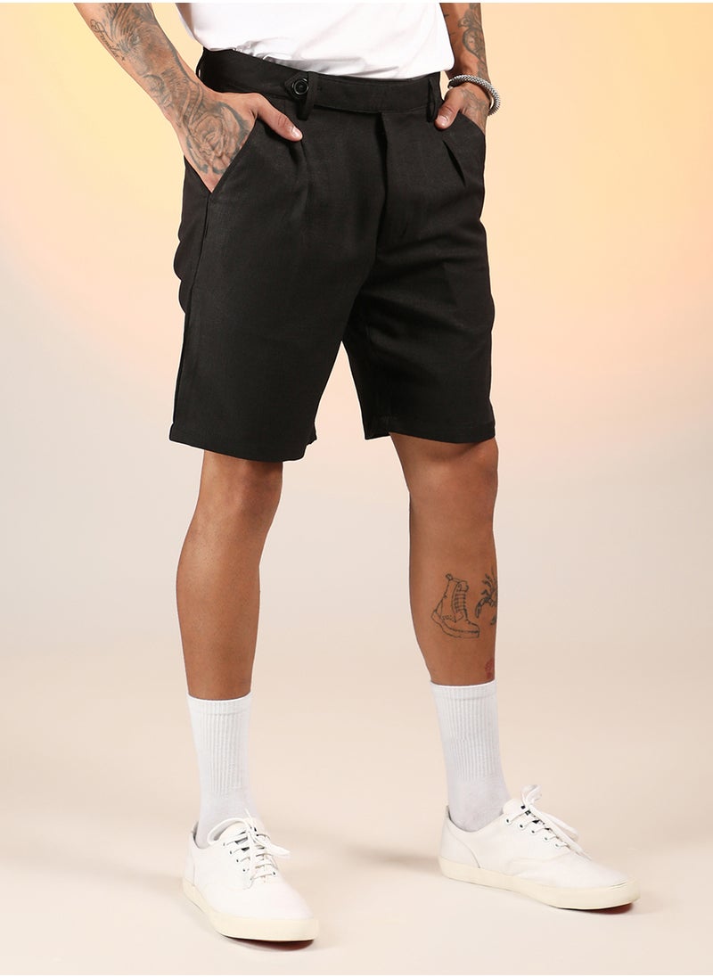 Men's Onyx Black Solid Pleated Shorts