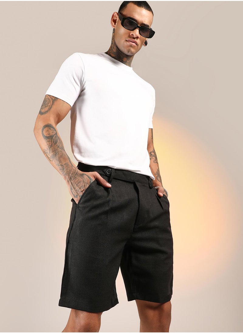 Men's Onyx Black Solid Pleated Shorts