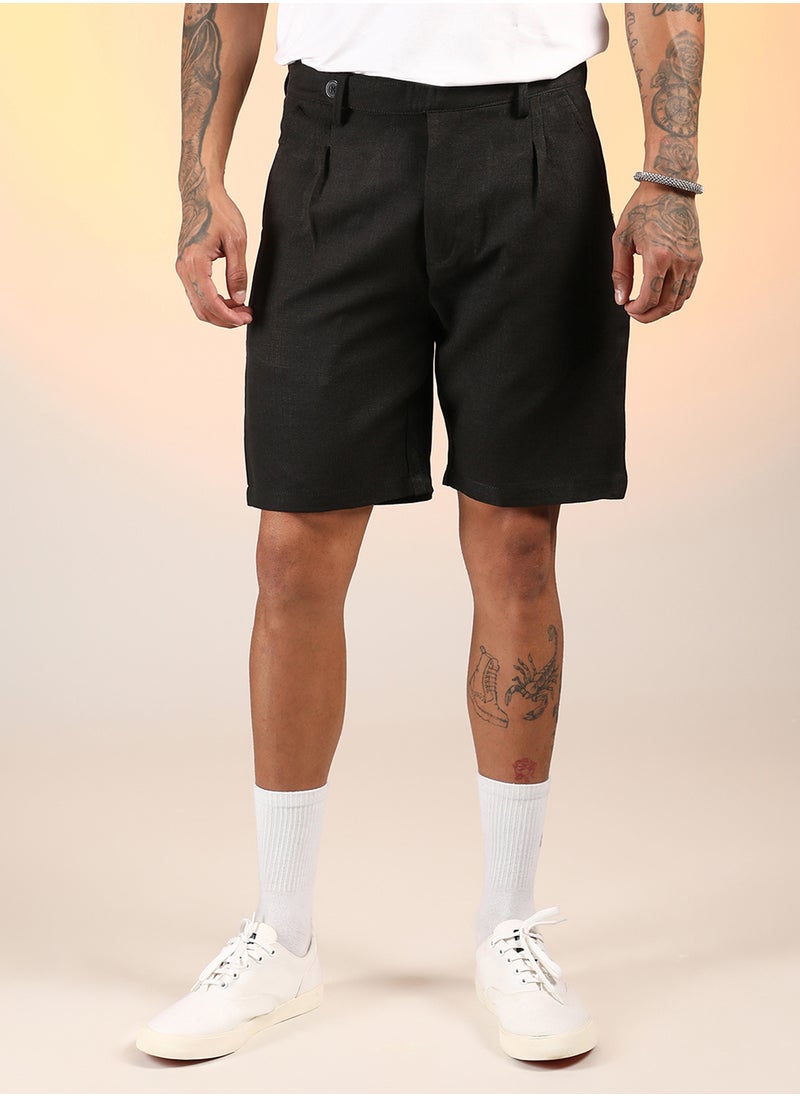 Men's Onyx Black Solid Pleated Shorts