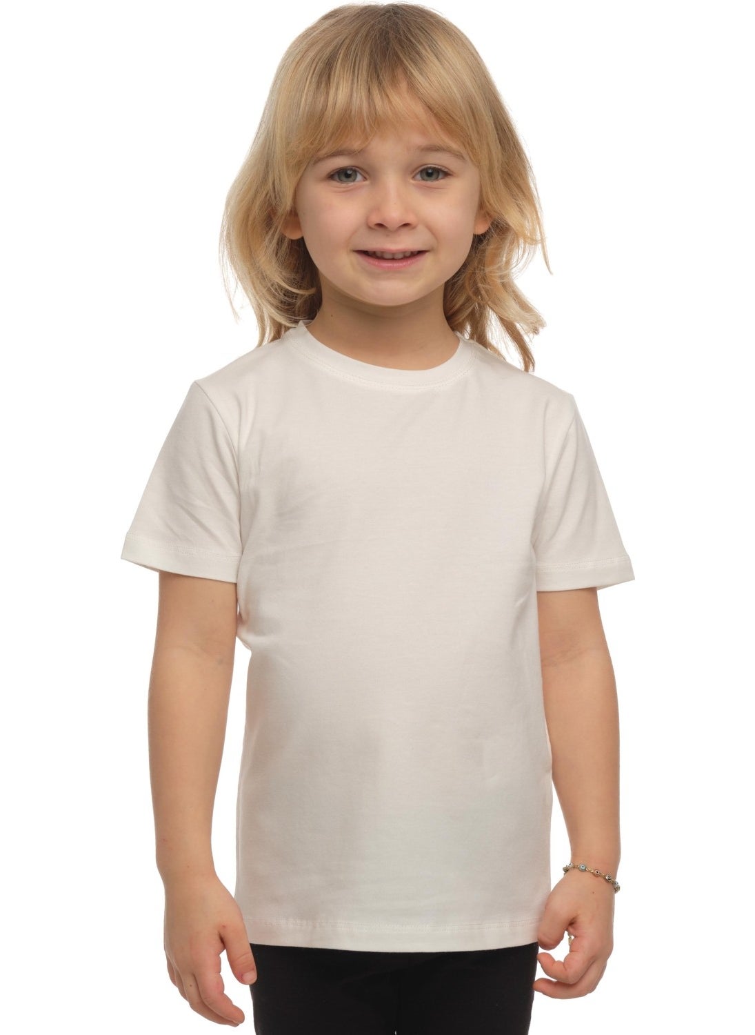 Ecru Basic Unisex Kids Crew Neck Short Sleeve T-Shirt