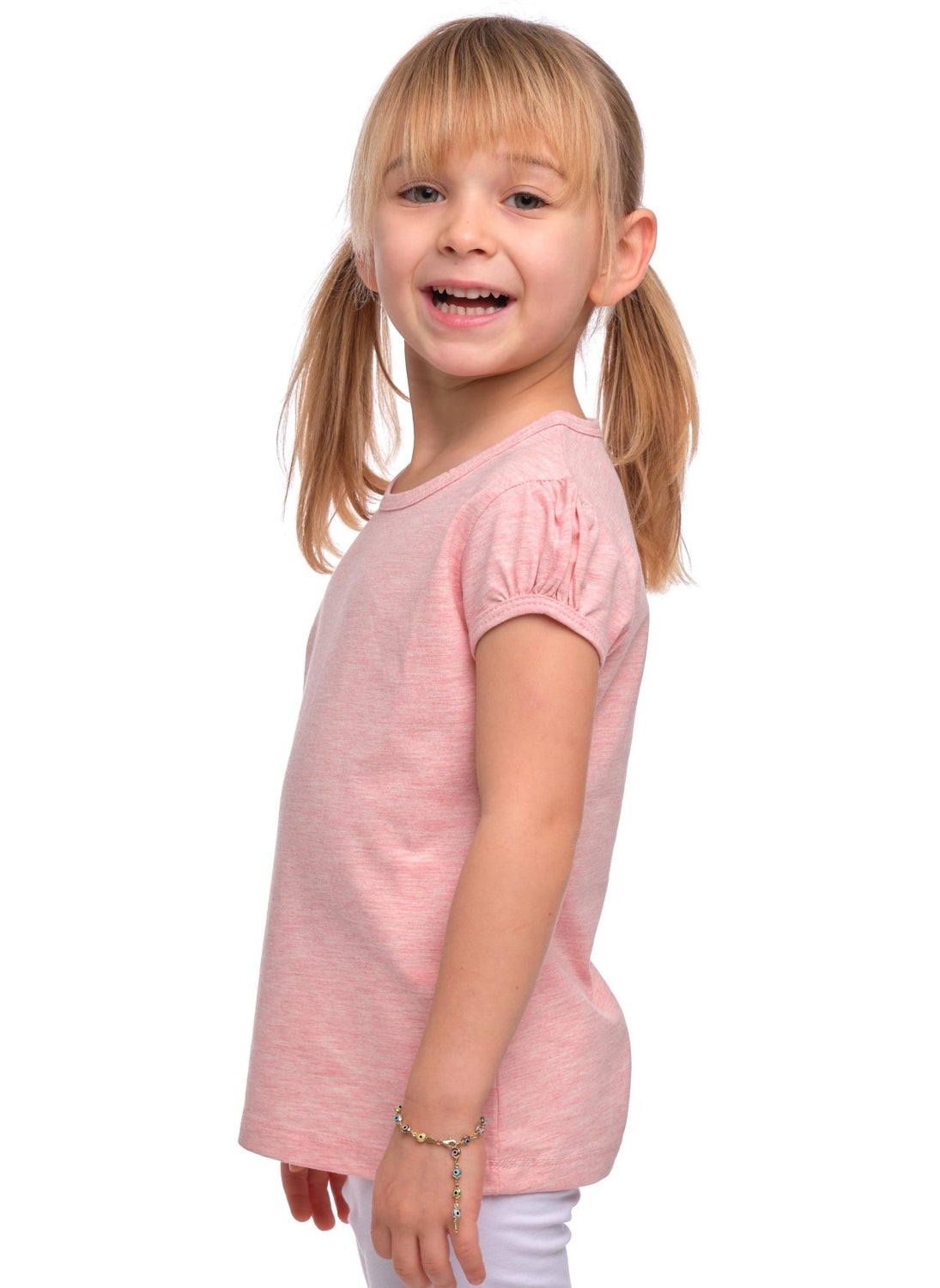 Dark Pink Melange Basic Girl Zero Collar Watermelon Sleeve T-Shirt