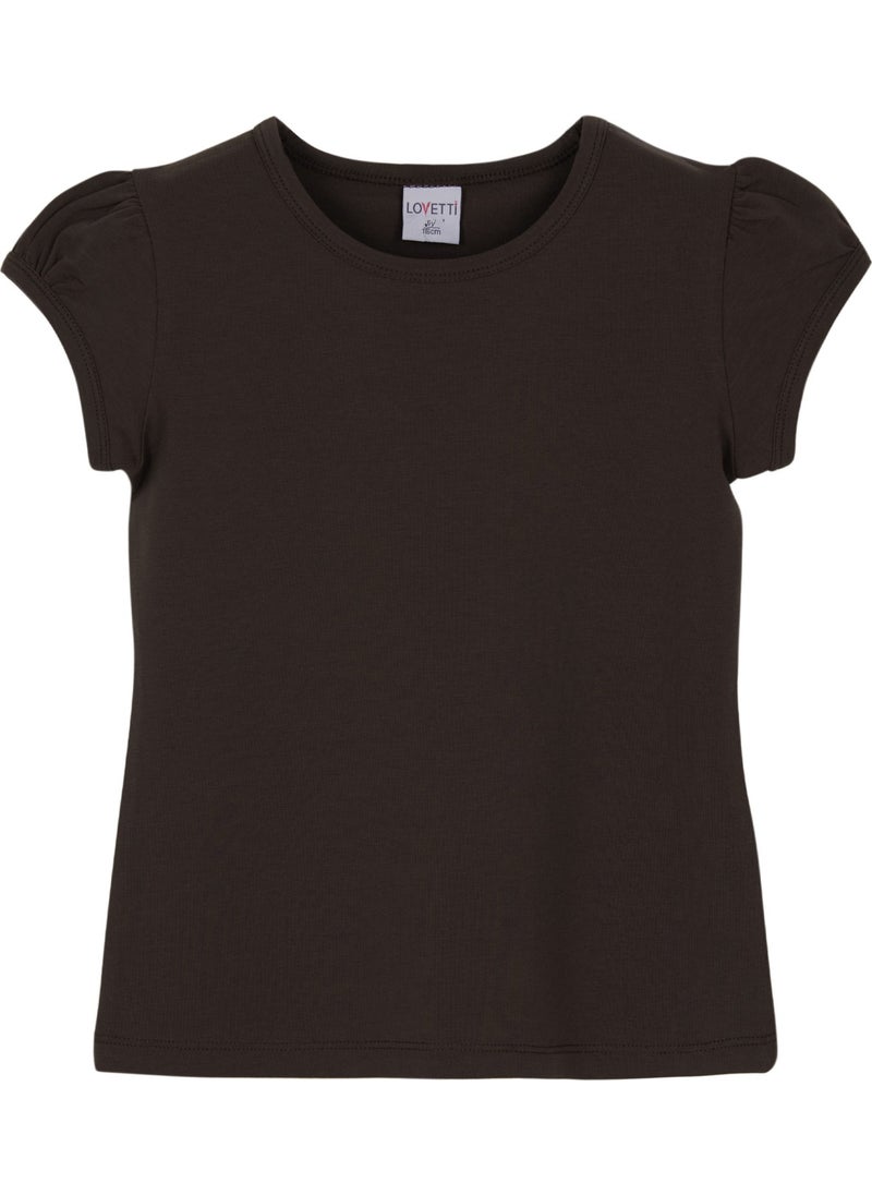 Brown Basic Girl Zero Collar Watermelon Sleeve T-Shirt