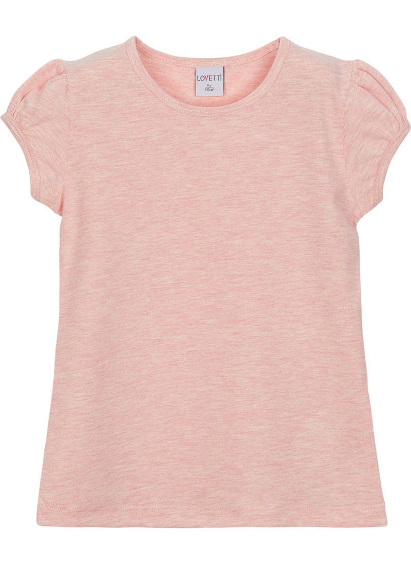 Dark Pink Melange Basic Girl Zero Collar Watermelon Sleeve T-Shirt