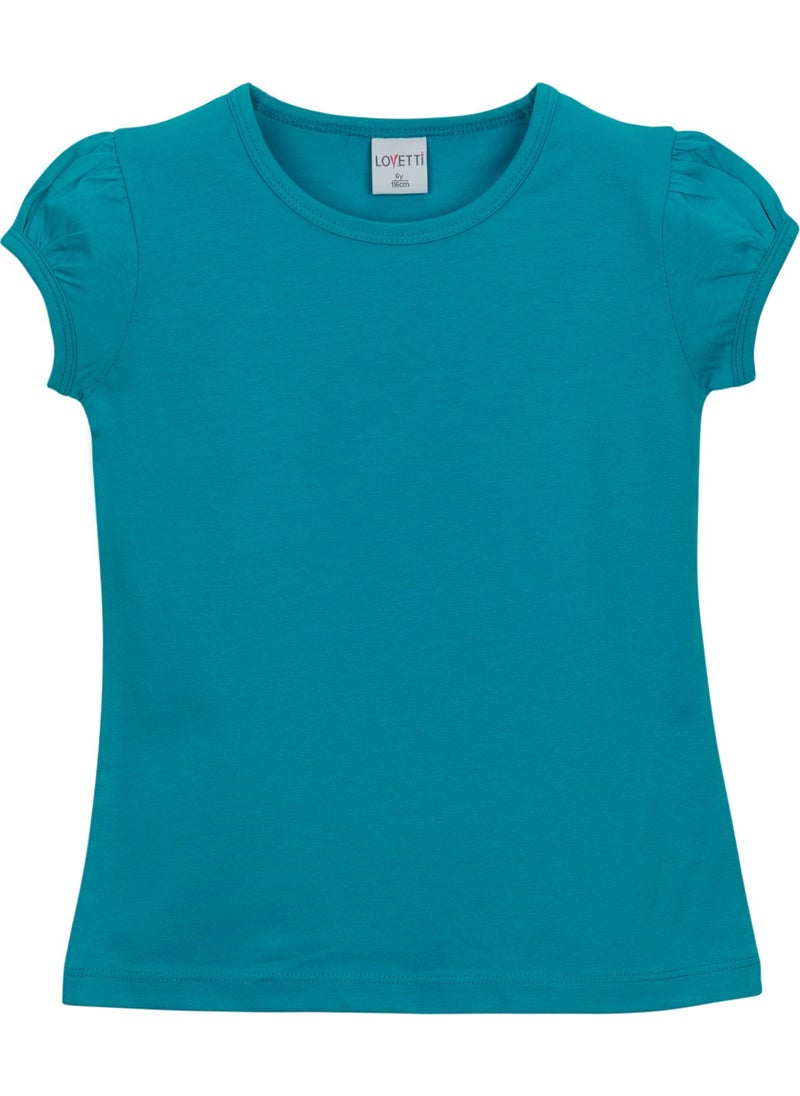 Dark Turquoise Basic Girl Zero Collar Watermelon Sleeve T-Shirt