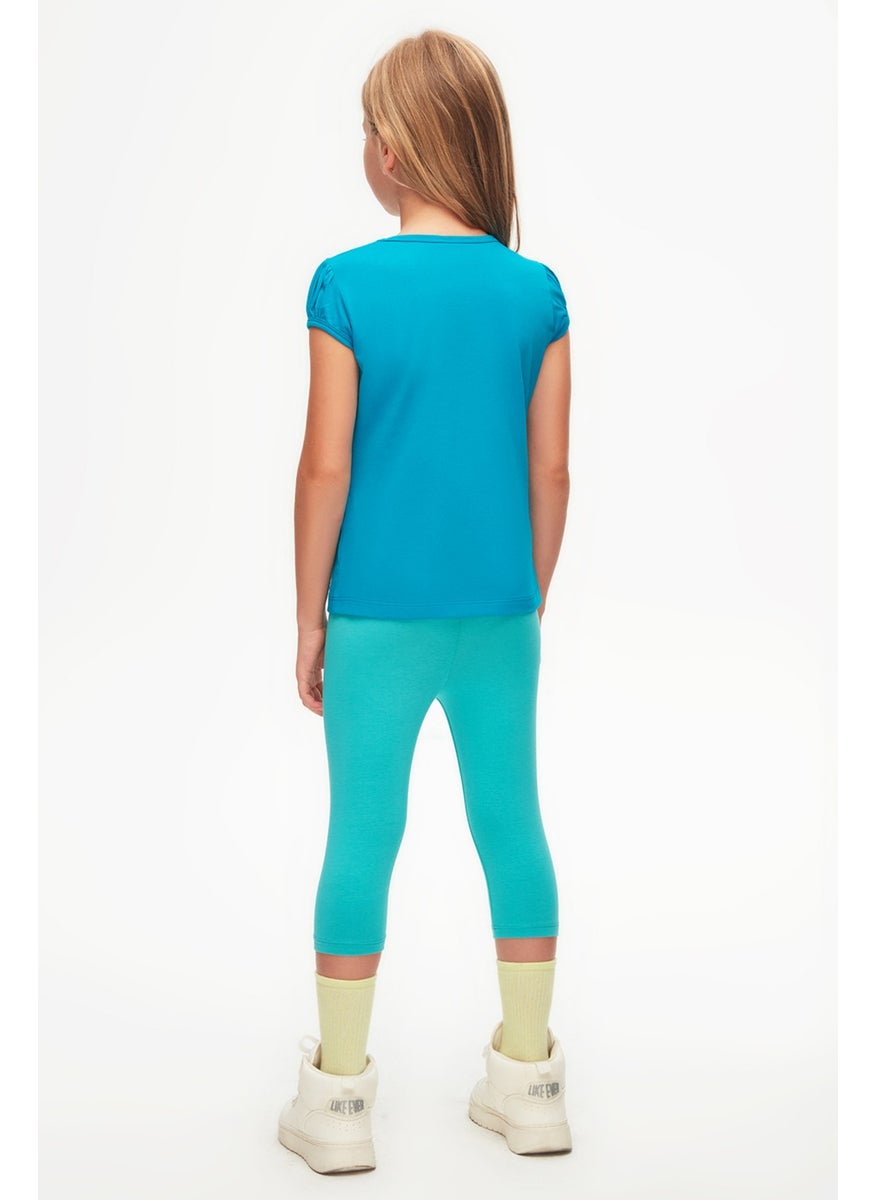 Dark Turquoise Basic Girl Zero Collar Watermelon Sleeve T-Shirt