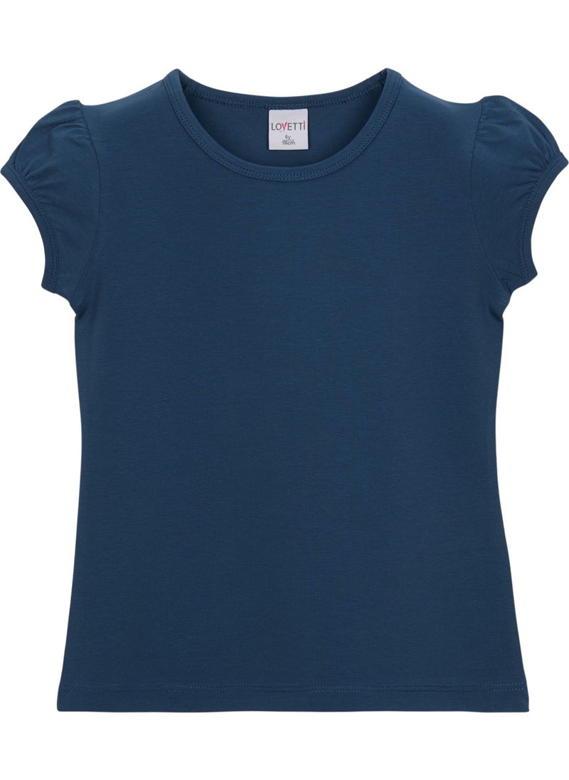 Light Navy Blue Basic Girl Zero Collar Watermelon Sleeve T-Shirt