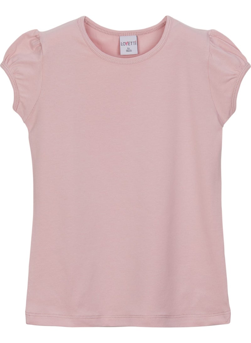 Powder Pink Basic Girl Zero Collar Watermelon Sleeve T-Shirt