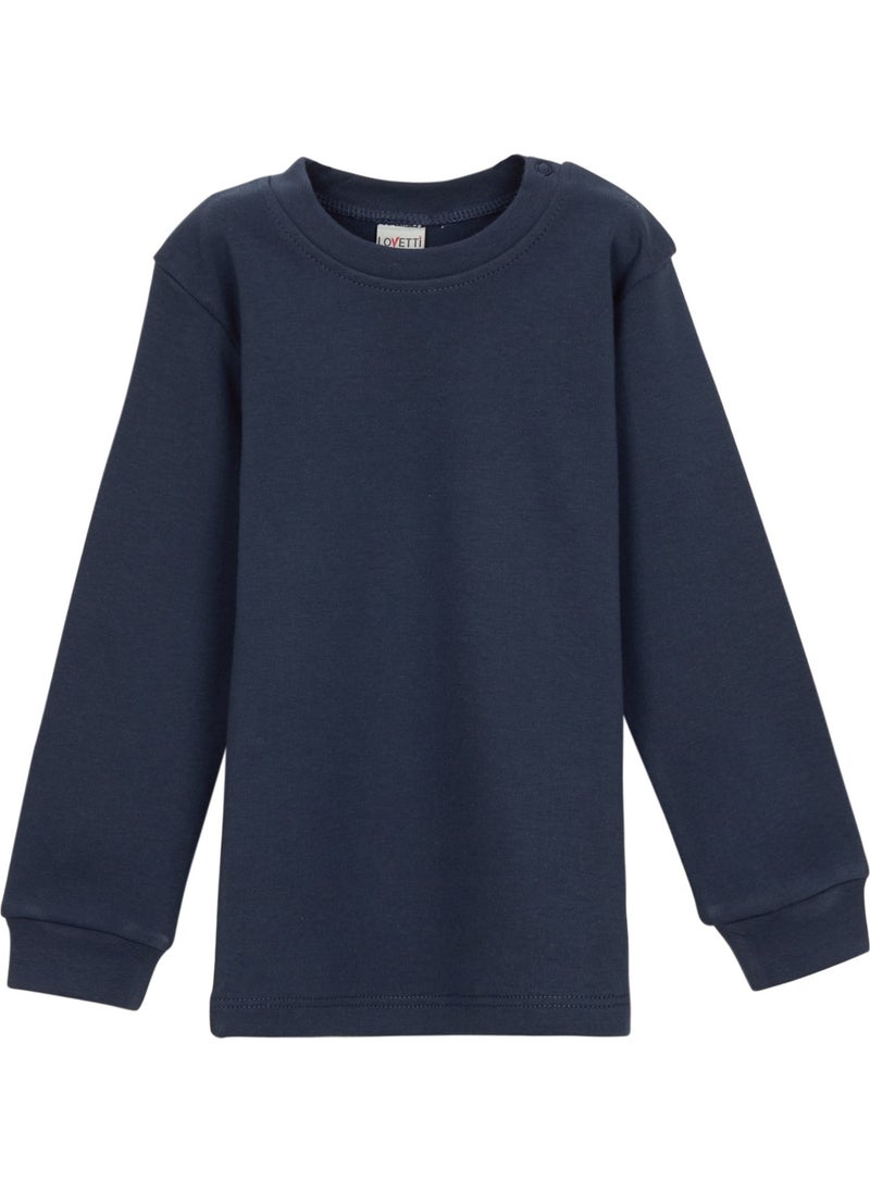 Light Navy Blue Basic Girl Snap Button Zero Collar Winter Long Sleeve T-Shirt