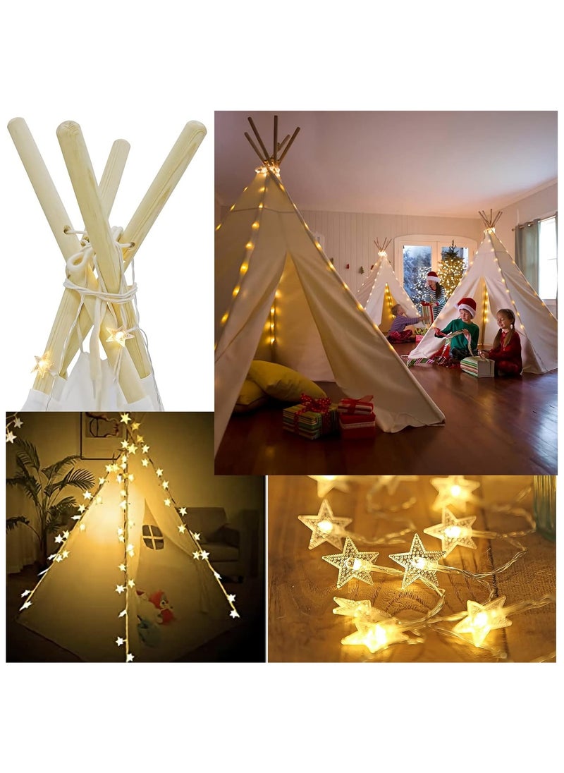 Teepee Tent with Mat & Star Lights String & Carry Bag, Inner Pockets, Window, Foldable Canvas Teepee Tent Indoor Outdoor Games-Kids Playhouse-Kids Tent for Girls, Boys & Adults