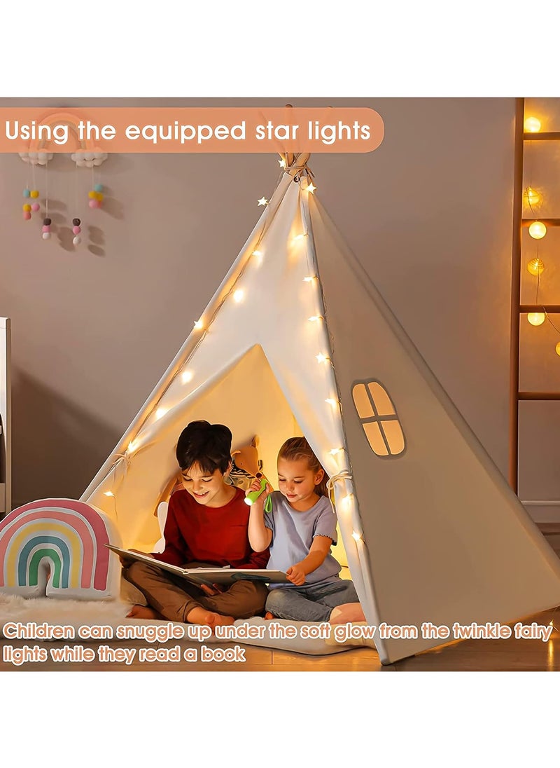 Teepee Tent with Mat & Star Lights String & Carry Bag, Inner Pockets, Window, Foldable Canvas Teepee Tent Indoor Outdoor Games-Kids Playhouse-Kids Tent for Girls, Boys & Adults