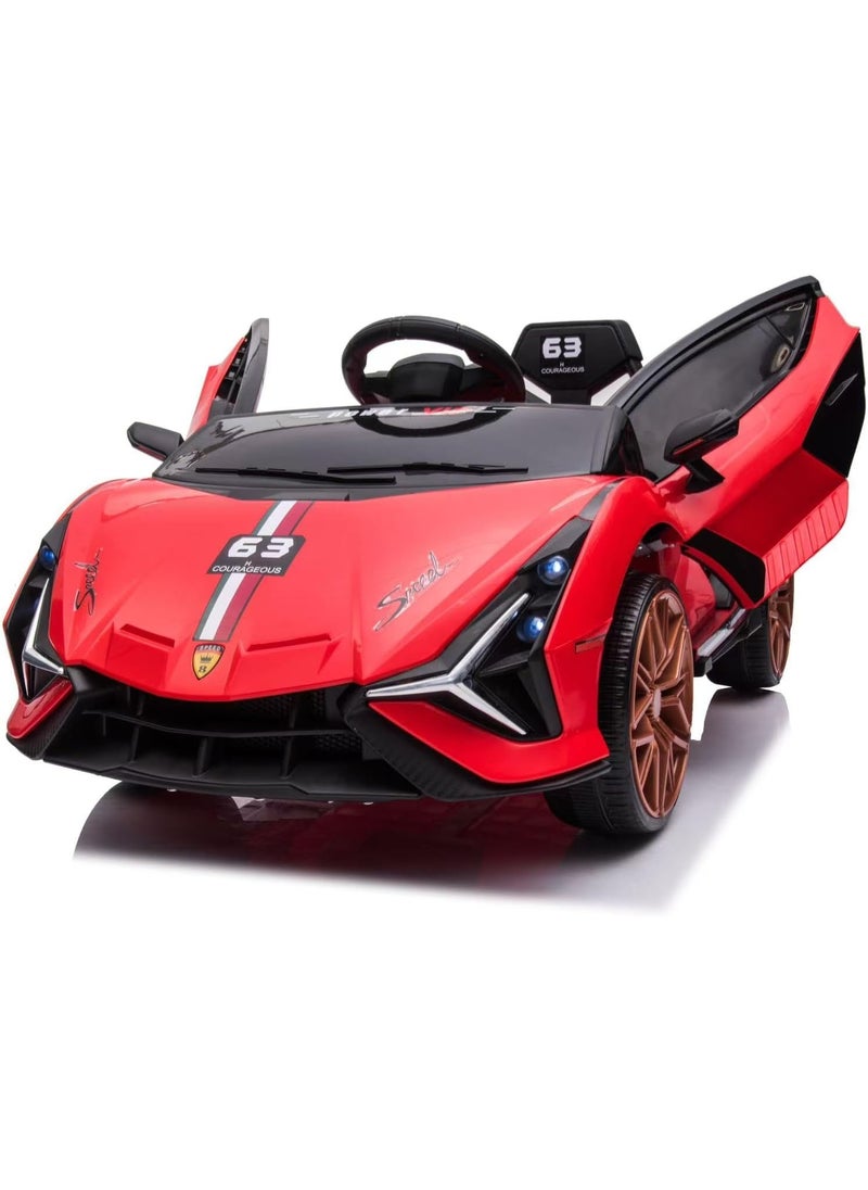 12V Electric Ride-On Car for Kids | Lamborghini Style Car with LED Lights, Music, Swing Mode, App Control, Double Doors (Red)