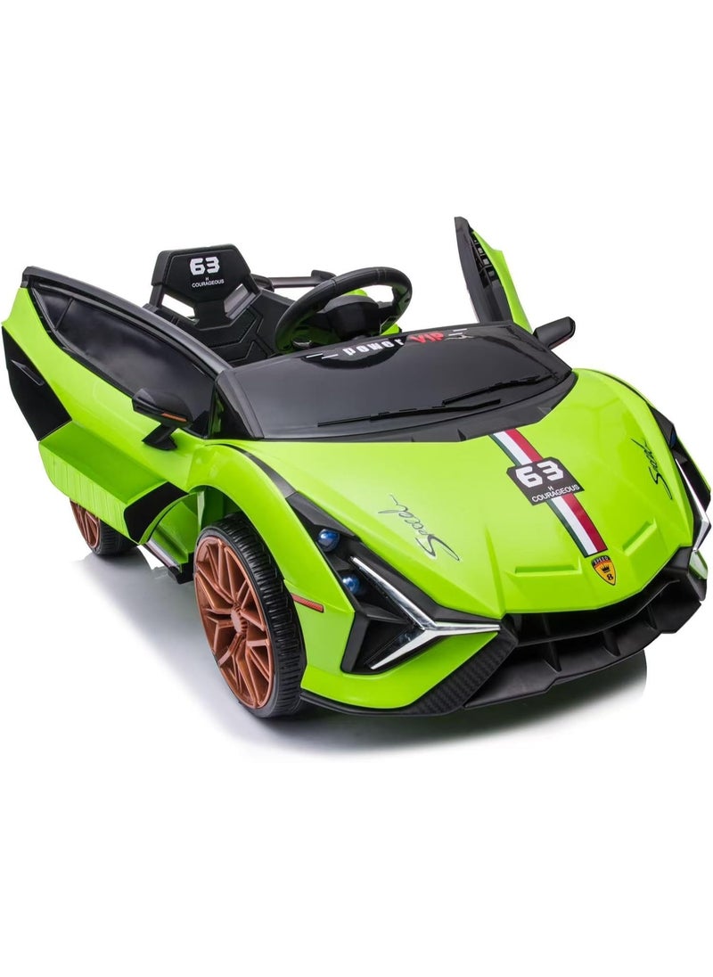 12V Electric Ride-On Car for Kids | Lamborghini Style Car with LED Lights, Music, Swing Mode, App Control, Double Doors (Green)