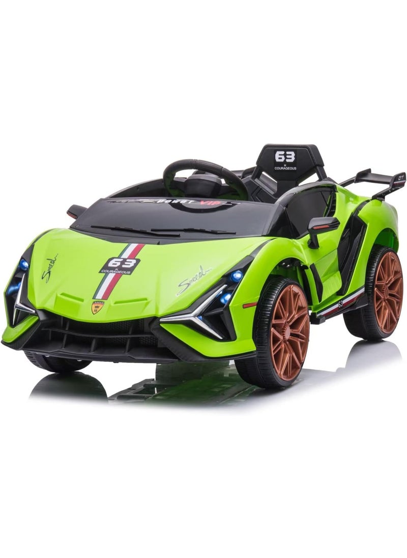 12V Electric Ride-On Car for Kids | Lamborghini Style Car with LED Lights, Music, Swing Mode, App Control, Double Doors (Green)