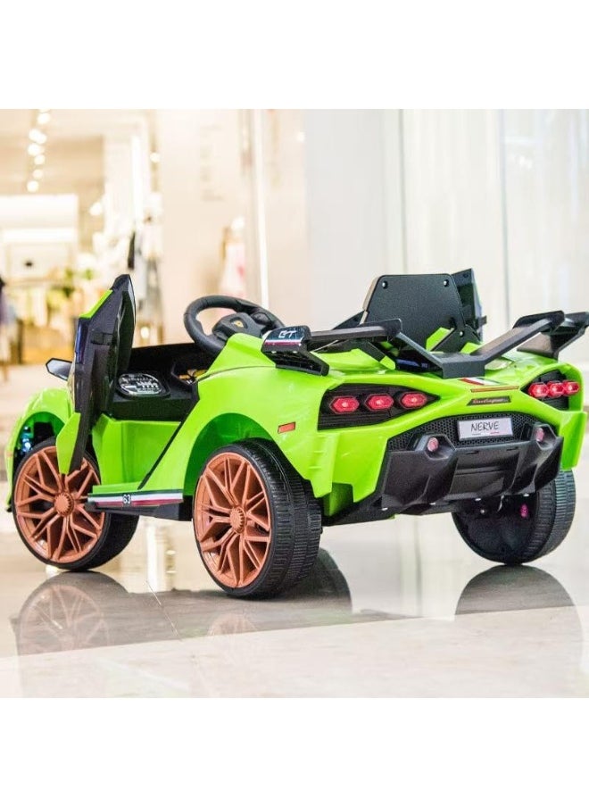 12V Electric Ride-On Car for Kids | Lamborghini Style Car with LED Lights, Music, Swing Mode, App Control, Double Doors (Green)