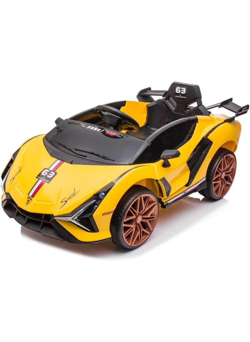 12V Electric Ride-On Car for Kids | Lamborghini Style Car with LED Lights, Music, Swing Mode, App Control, Double Doors (Yellow)