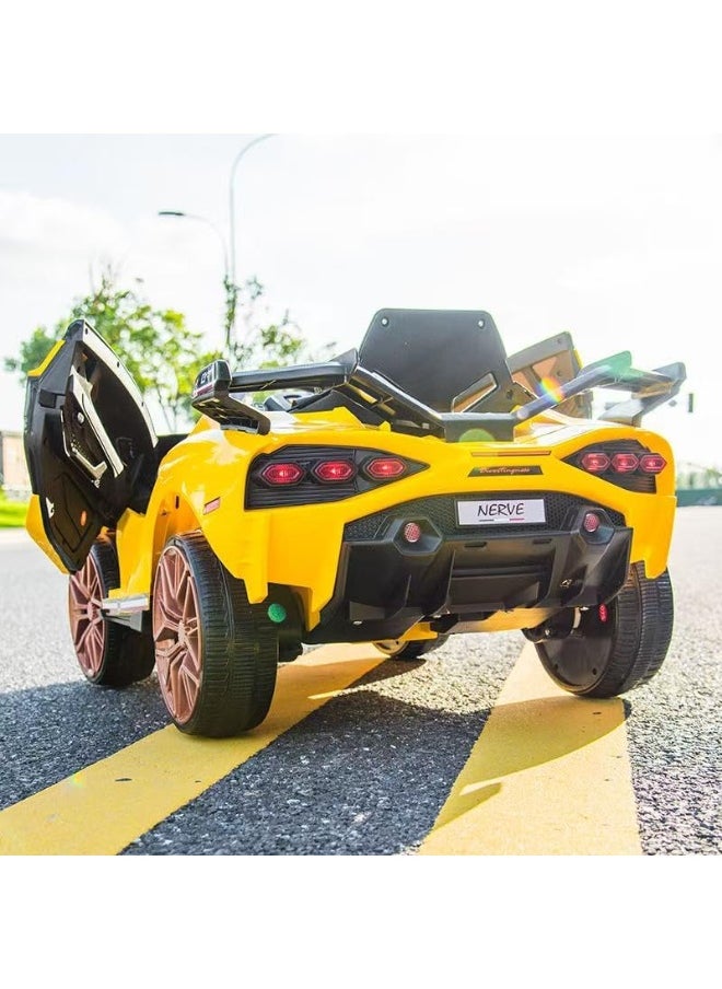 12V Electric Ride-On Car for Kids | Lamborghini Style Car with LED Lights, Music, Swing Mode, App Control, Double Doors (Yellow)